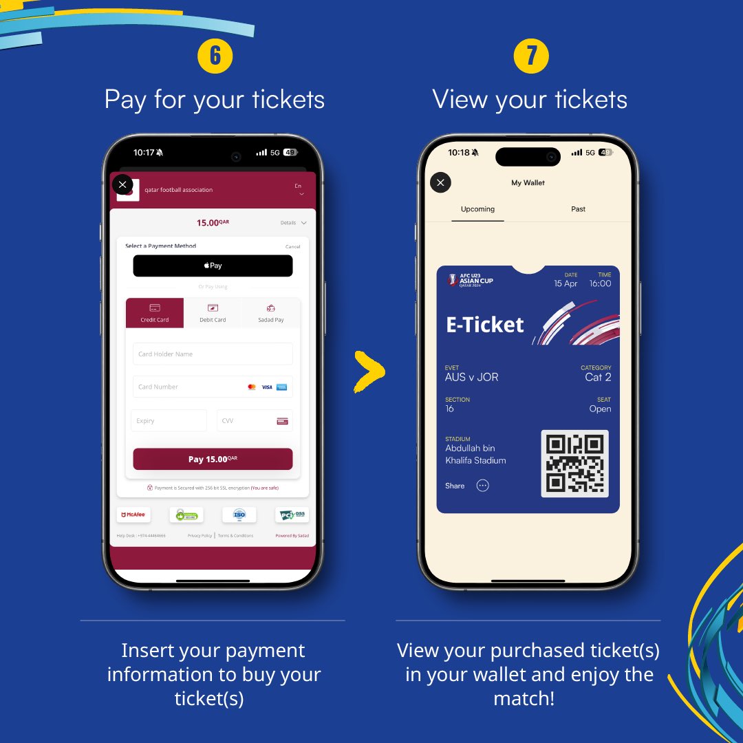 Step by step, here's how to purchase tickets for the AFC U23 Asian Cup Qatar 2024™️ Tickets are available exclusively through the Hayya app 📱 Buy your tickets and support your team now! For accessibility seating, please send an email to accessibility@hayya.qa #HayyaAsia…