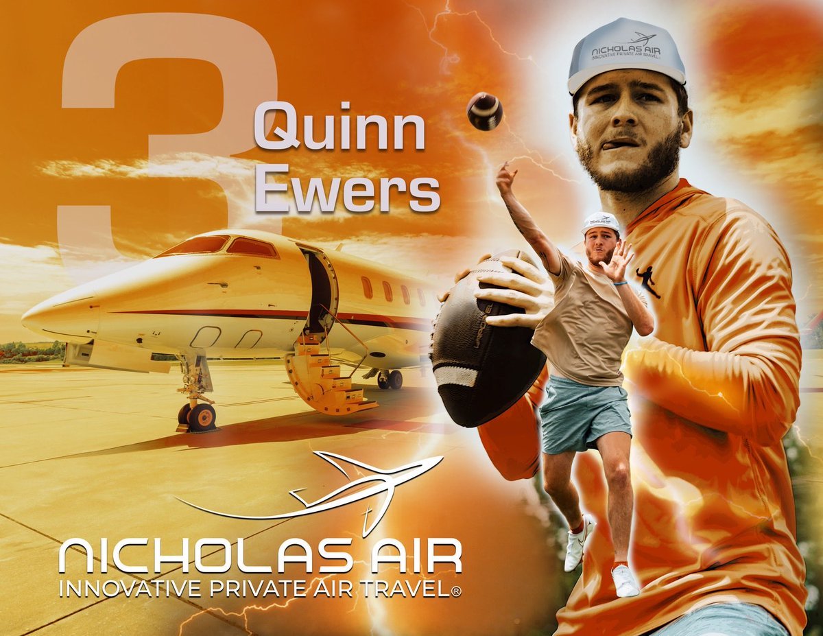 NEWS: Texas quarterback Quinn Ewers has become the latest college football star to sign an NIL deal with the private jet company Nicholas Air. Jaxson Dart previously signed with the company. Ewers has a $1.9 million On3 NIL Valuation. via @PeteNakos_: on3.com/news/quinn-ewe…