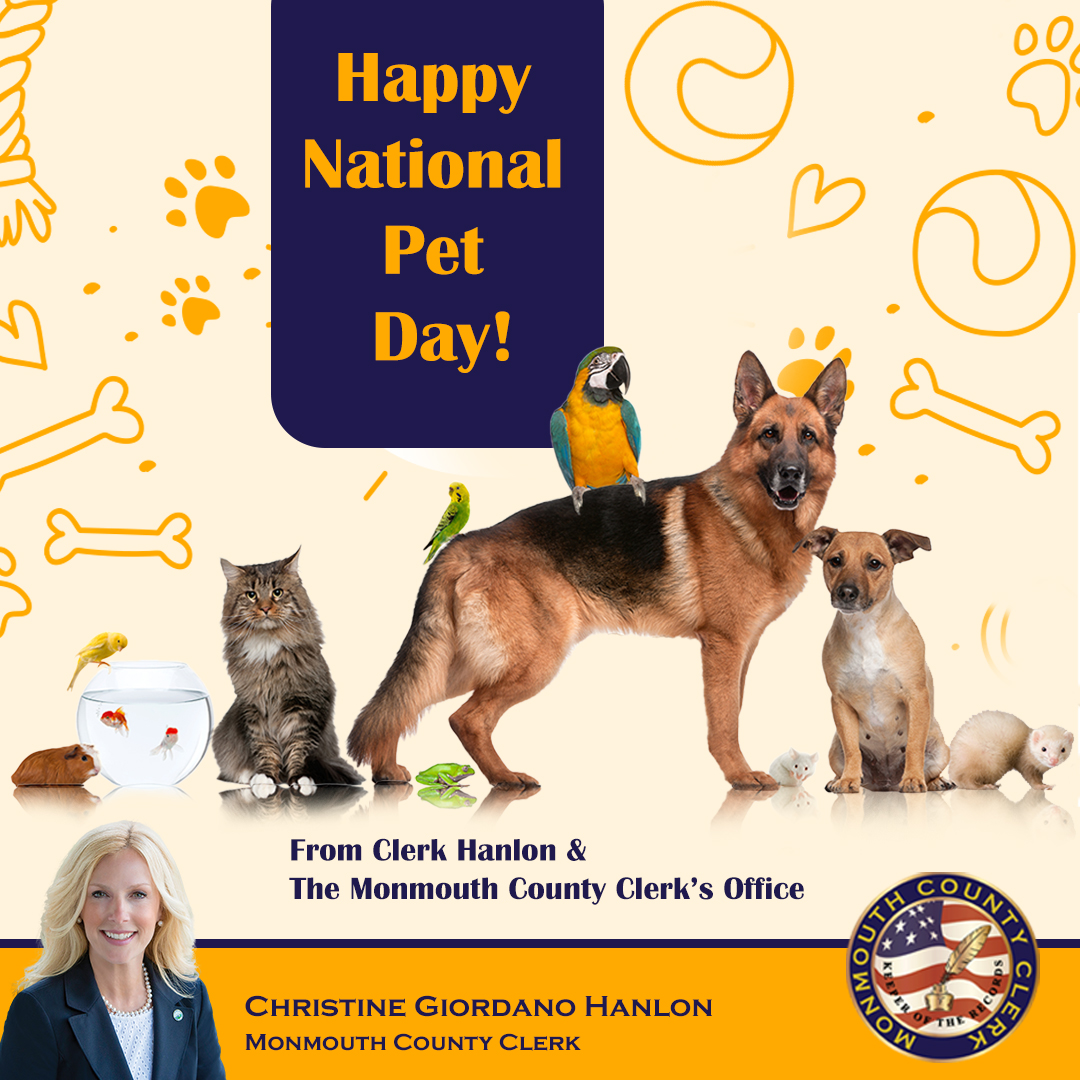 Happy #NationalPetDay from Clerk Hanlon and the Monmouth County Clerk's Office! Did you know @MonCountyParks has off-leash dog areas at Thompson Park in Lincroft and Wolf Hill Recreation Area in Oceanport?