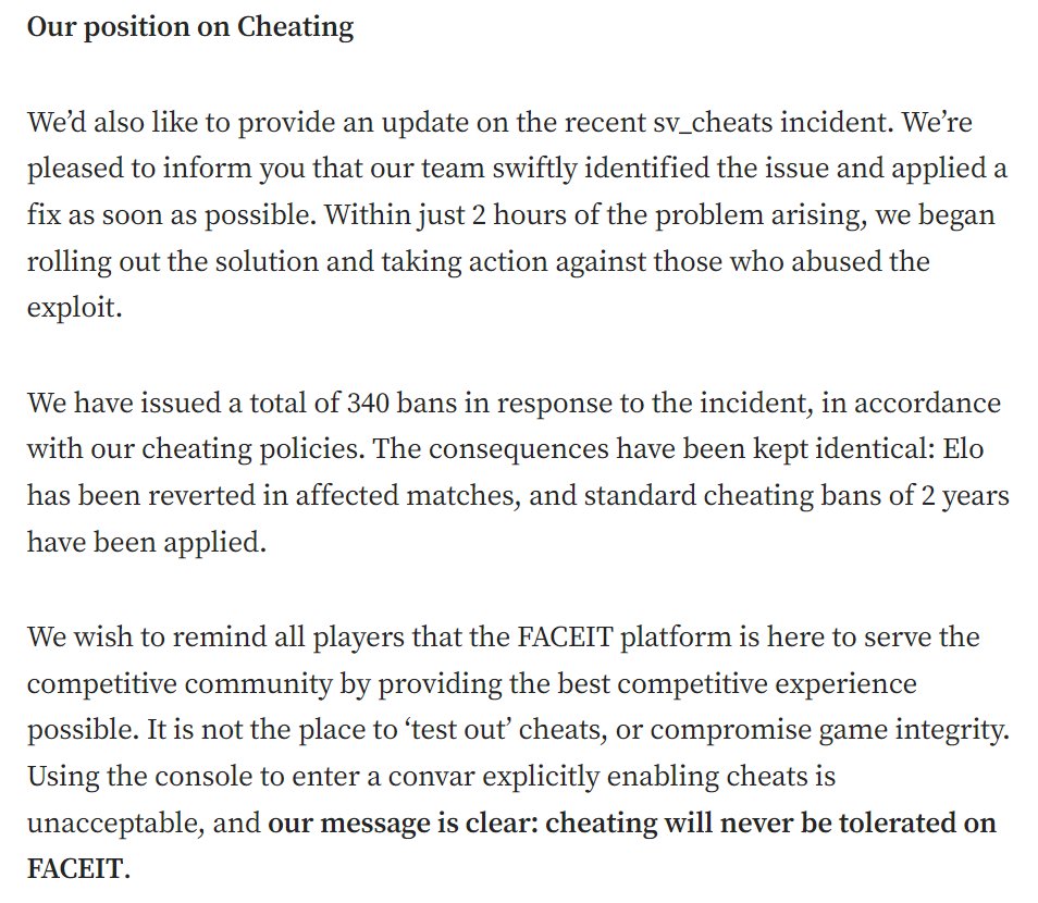 Ozzny_CS2's tweet image. FACEIT responded to the recent drama about players who used the sv_cheats exploit getting a 2 year ban ⤵️