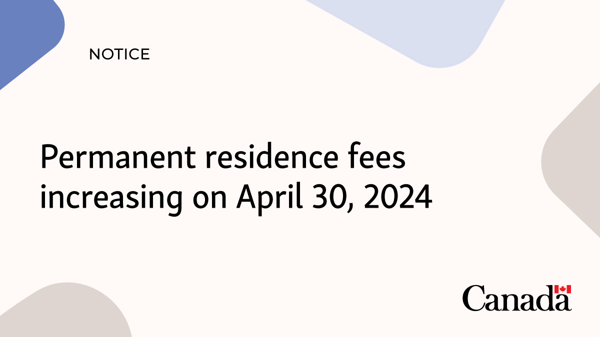 Fees for all permanent resident applications will increase on April 30, 2024, as part of a routine update. These fees increase every 2 years to manage growing program and service delivery costs and to keep up with inflation.

For more information: canada.ca/en/immigration…