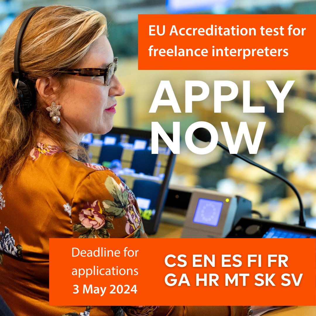 🔎Keeping an eye on the next interinstitutional accreditation test for #ConferenceInterpreters at the EU?
The deadline for applications is 03/05/2024!
Sign up for the following languages: CS EN ES FI FR GA HR MT SK SV
⤵️
europa.eu/interpretation…

#1nt #EUcareers