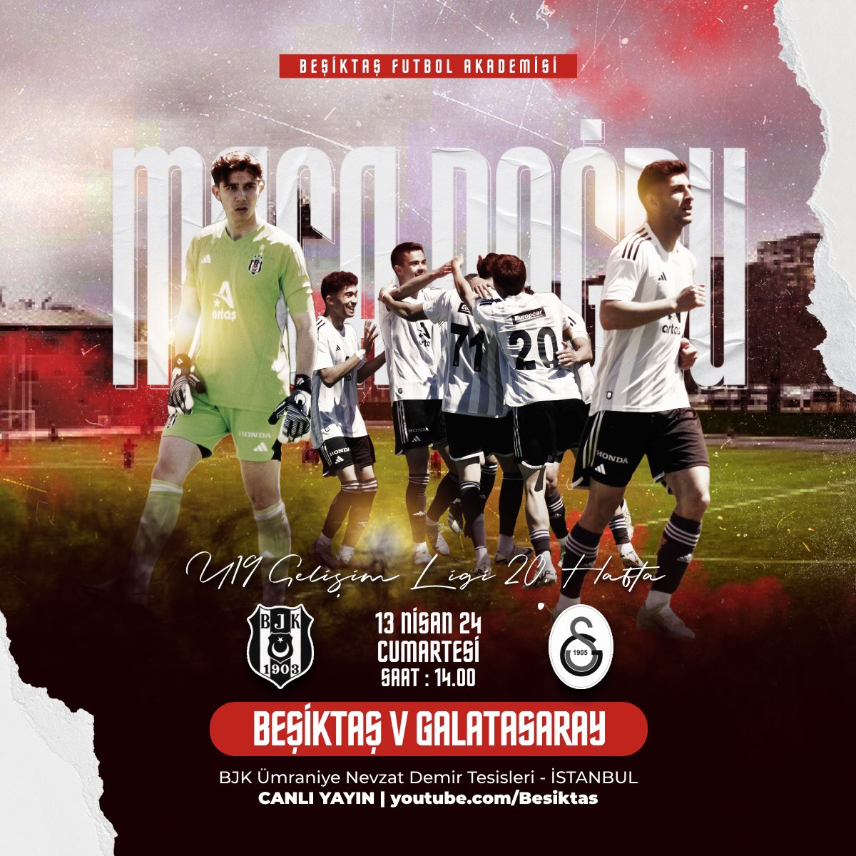 📣 Beşiktaş Artaş U19 Akademi Takımımız, U19 Gelişim Ligi Elit A, 2. Grup 20. Hafta maçında Cumartesi günü saat 14.00’te BJK Ümraniye Nevzat Demir Tesisleri’nde Galatasaray ile karşılaşacak. ▶️ Karşılaşma youtube.com/Besiktas kanalımızdan canlı yayınlanacak. #BJKvGS |…