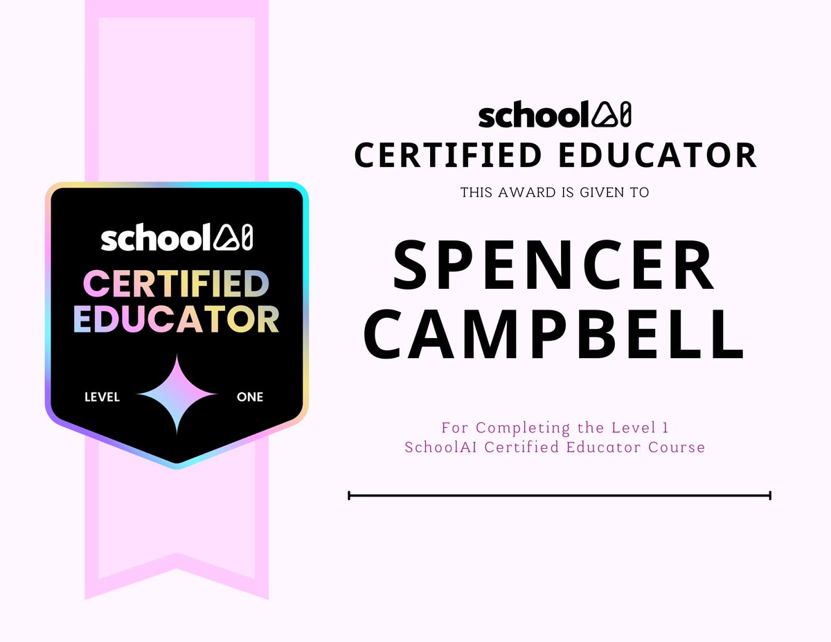 Over spring break I finished the <a href="/GetSchoolAI/">SchoolAI</a> level 1 educator course. It was clear, concise, and great for beginners. Excited for level 2.  You can find out more here. community.schoolai.com/courses