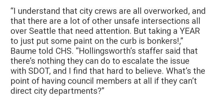 Sorry @MattBaume, I want this crosswalk painted ASAP too, but one of the few things holding this city together right now is the fact that individual councilmembers can't direct other city departments. Can you imagine if all nine could direct SDOT crews? capitolhillseattle.com/2024/04/there-…