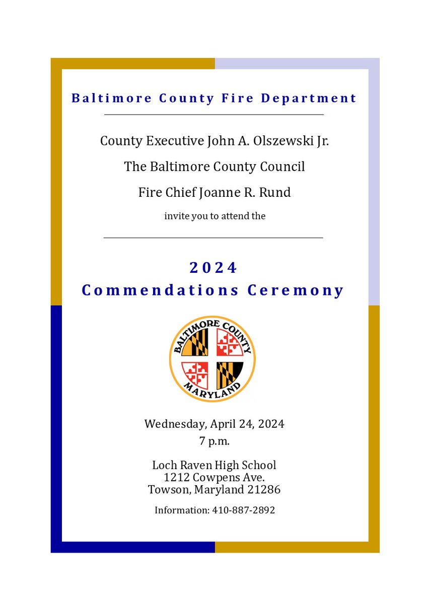 We cordially invite you to the 2024 #bcofd Commendations Ceremony, where we will honor the outstanding achievements of our career and volunteer members, citizens, and other remarkable individuals who have gone above and beyond the call of duty in service to Baltimore County.