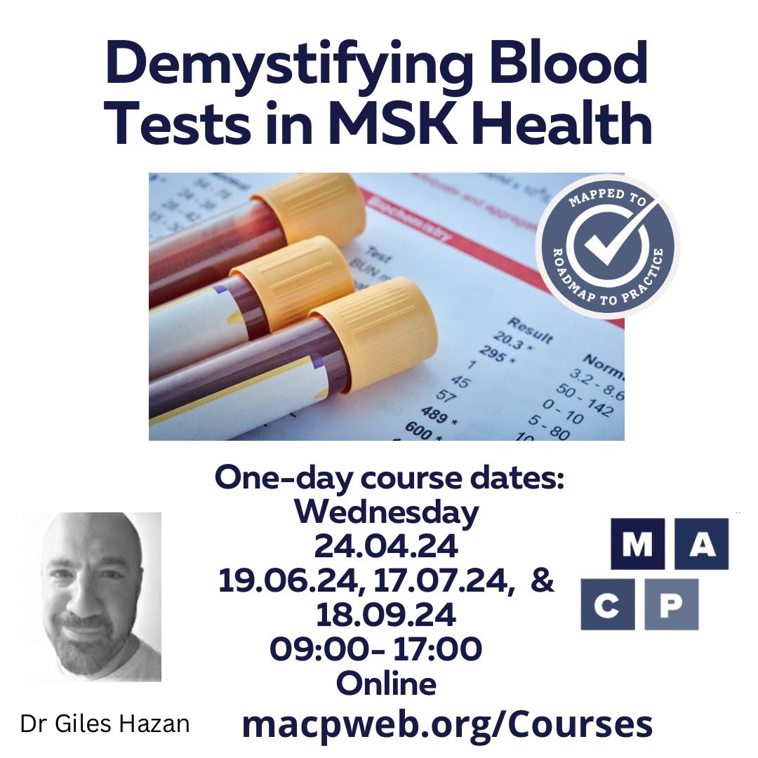 Lots of dates to choose from for @GilesHazan’s Demystifying Blood Tests in MSK Health Course. Great for aspiring FCP’s, FCP and AP Physio’s/colleagues. To book: macpweb.org/events/calenda…