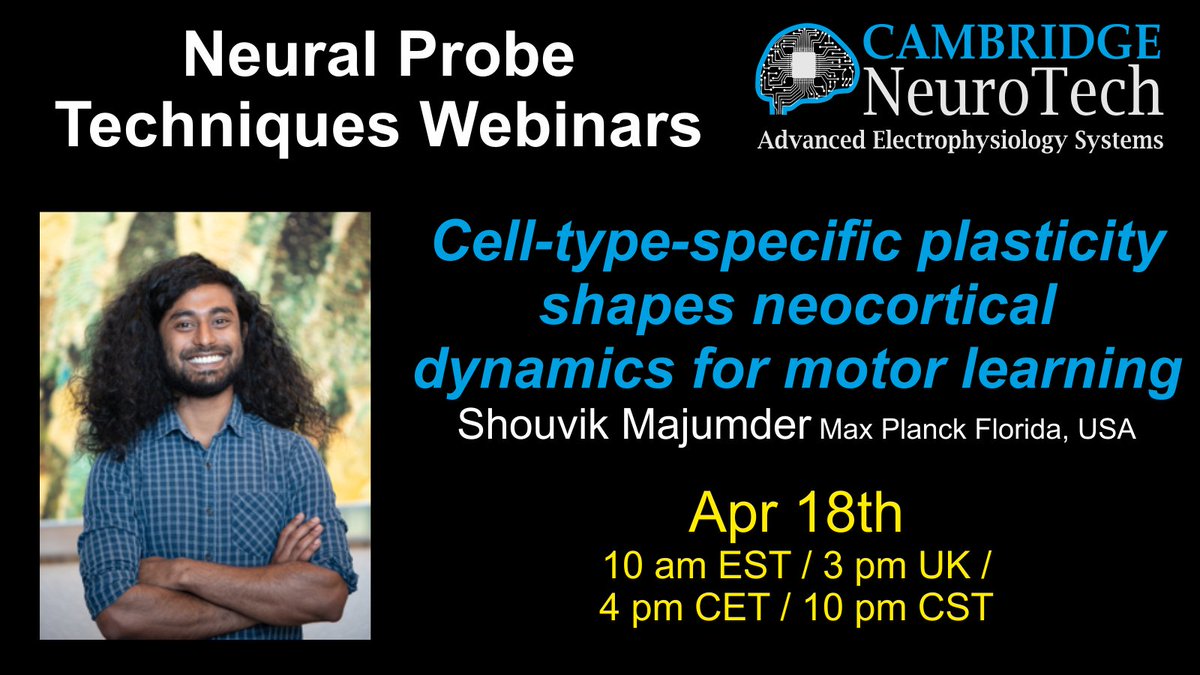 If you're interested in the plasticity mechanisms at play during premotor cortical learning of lick-timing then you'll love this! Join us with the talented <a href="/ShouvikMajumd11/">Shouvik Majumder</a> from the Inagaki lab at <a href="/MPFNeuro/">Max Planck Florida Institute for Neuroscience</a> Register here: neurons.cambridgeneurotech.com/webinar-regist…