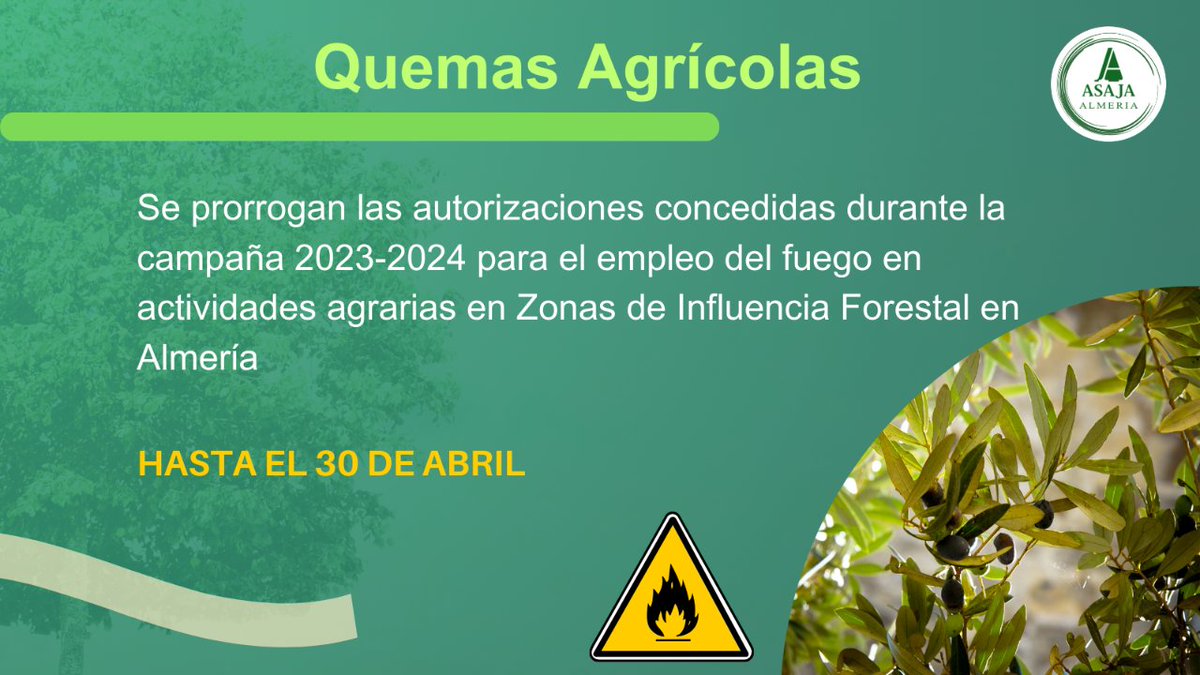 Informamos que se acaba de ampliar el plazo de quema de restos vegetales hasta el 30 de abril 👩‍🌾👨‍🌾🌱🔥 #RestosVegetales #Agricultura #quemas #AsajaAlmería
