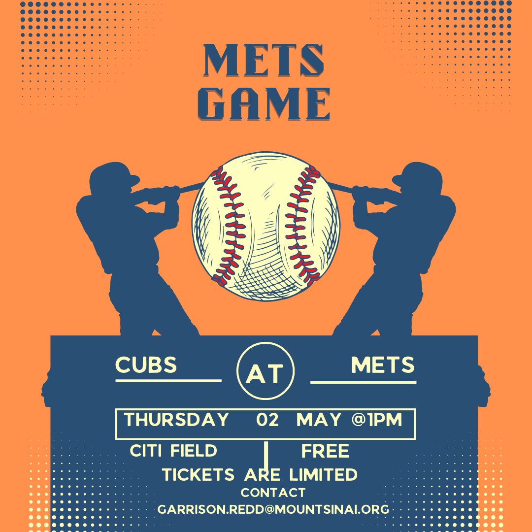 The Mount Sinai Life Challenge Program received 35 tickets from the Mets, to attend Cubs at Mets May 2nd at 1 pm Citifield. If you are interested in going, please contact me immediately to reserve your spot. garrison.redd@mountsinai.org.  #disabled #disability #baseball #sci
