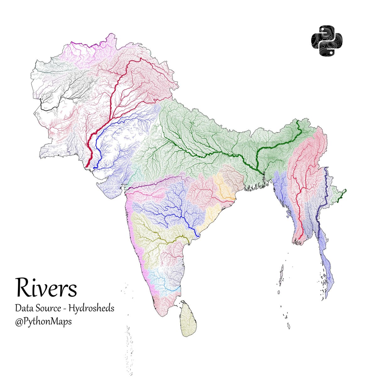 Another thread of maps I like. This time we are looking loosely at the Indian sub continent. Included are India, Pakistan, Afghanistan, Nepal, Bhutan, Bangladesh, Sri Lanka and Myanmar. First up, Rivers! 1/13