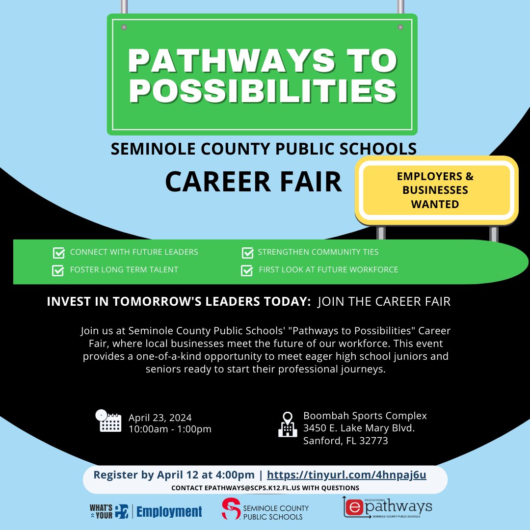 Whether you’re a SCPS High School Junior or Senior seeking employment or a local business looking for top talent, the Career Fair on April 23rd is where you need to be! Check out all of the details here – tinyurl.com/SCPSCareer24