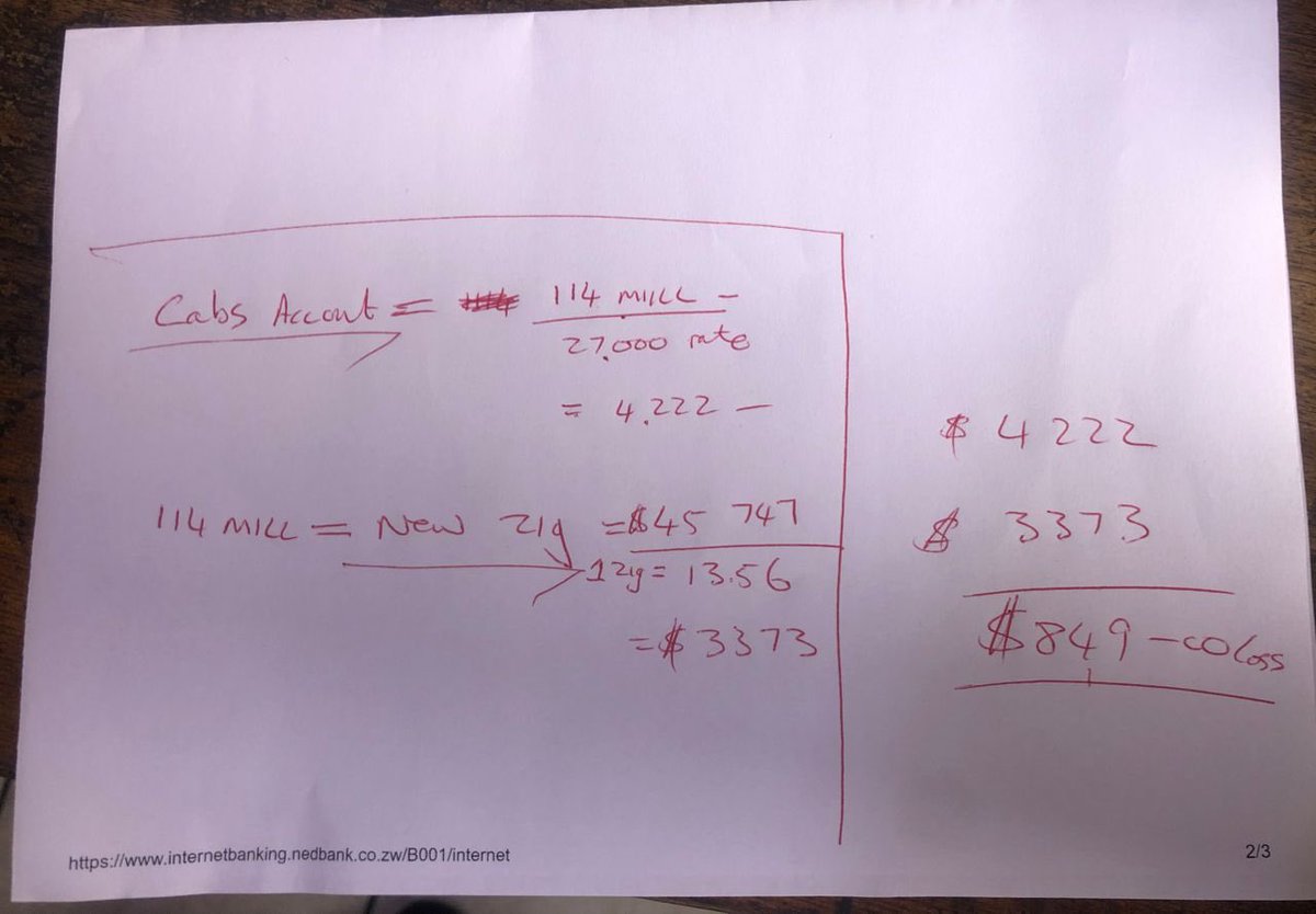 You can't rig the economy. 

Here's one of our Cabs accounts. 
Intial balance $114Million
Interbnk rate was $27K ~ $1
Meaning we have $4227USD

With the swish of a pen, we got it converted to:  ZiG45747
In USD at ZiG rate: $3373

LOSS for just banking offically and accepting ZWL:…