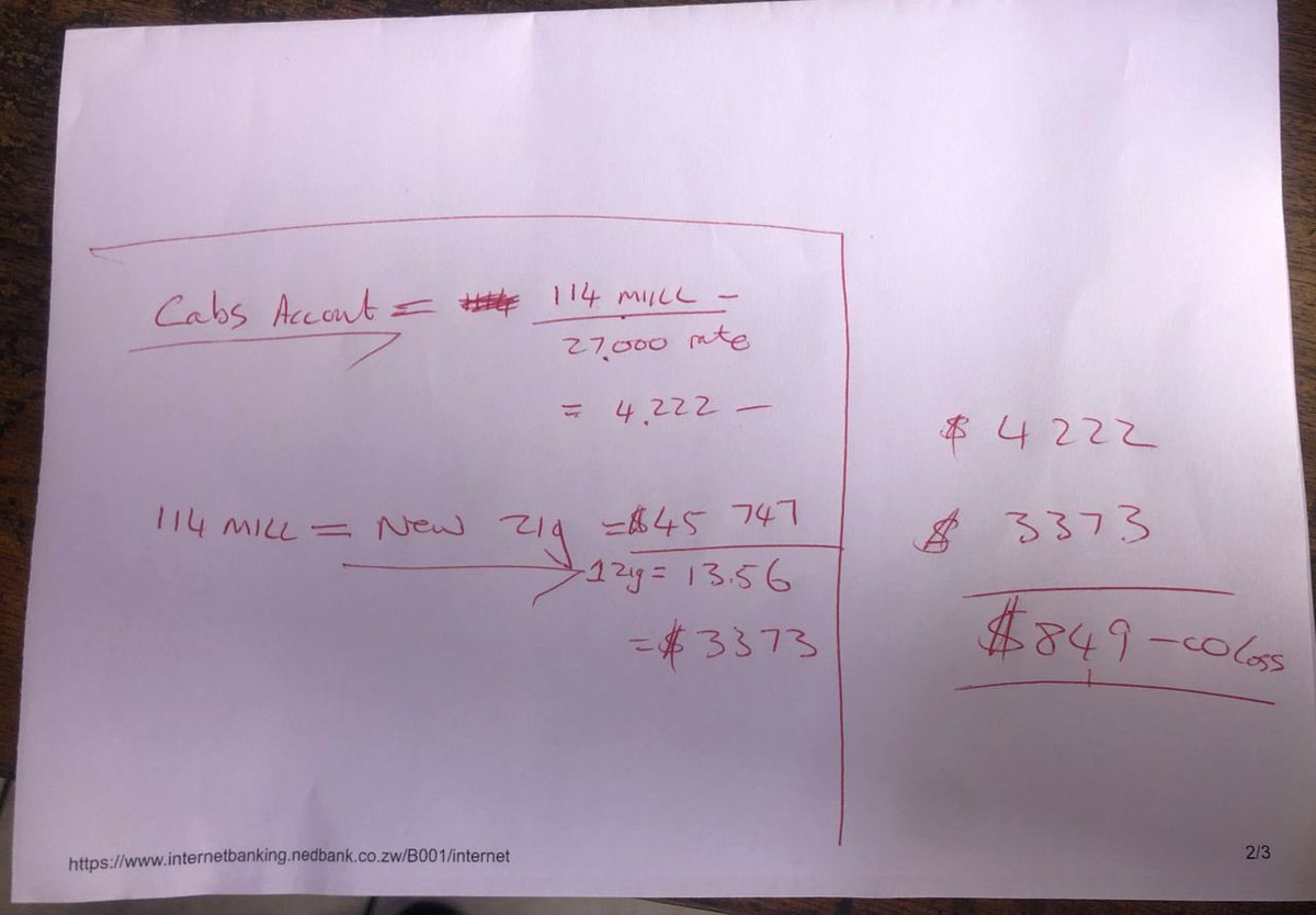 You can't rig the economy. Here's one of our Cabs accounts. Intial balance $114Million Interbnk rate was $27K ~ $1 Meaning we have $4227USD With the swish of a pen, we got it converted to: ZiG45747 In USD at ZiG rate: $3373 LOSS for just banking offically and accepting ZWL:…