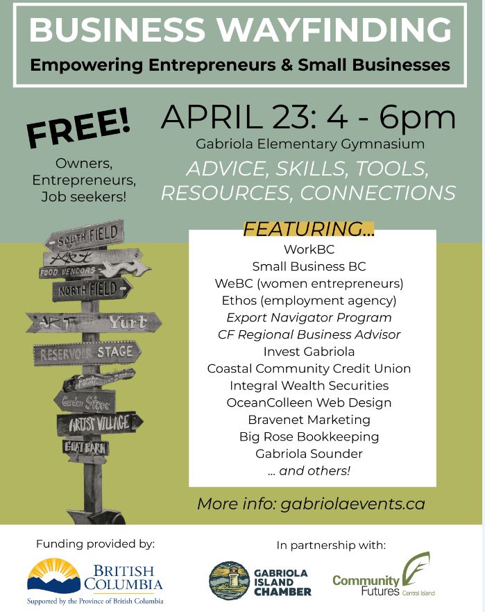 The Gabriola Island Chamber of Commerce has organized a Business Wayfinding Event on Gabriola Island on April 23rd to get support for their small businesses and work skill development. We hope to see you there!