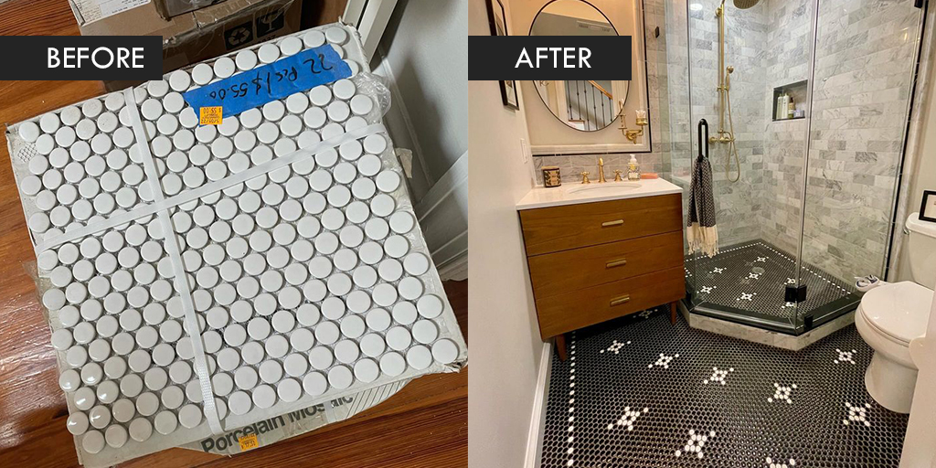 CommForklift's tweet image. A Forklift Fan used white #pennytile from Community Forklift as an accent in their new bathroom floor. “We only needed a little bit to cut in for the pattern, and we’re so excited with how it turned out!” Thanks for incorporating #secondhand material into your renovation project!