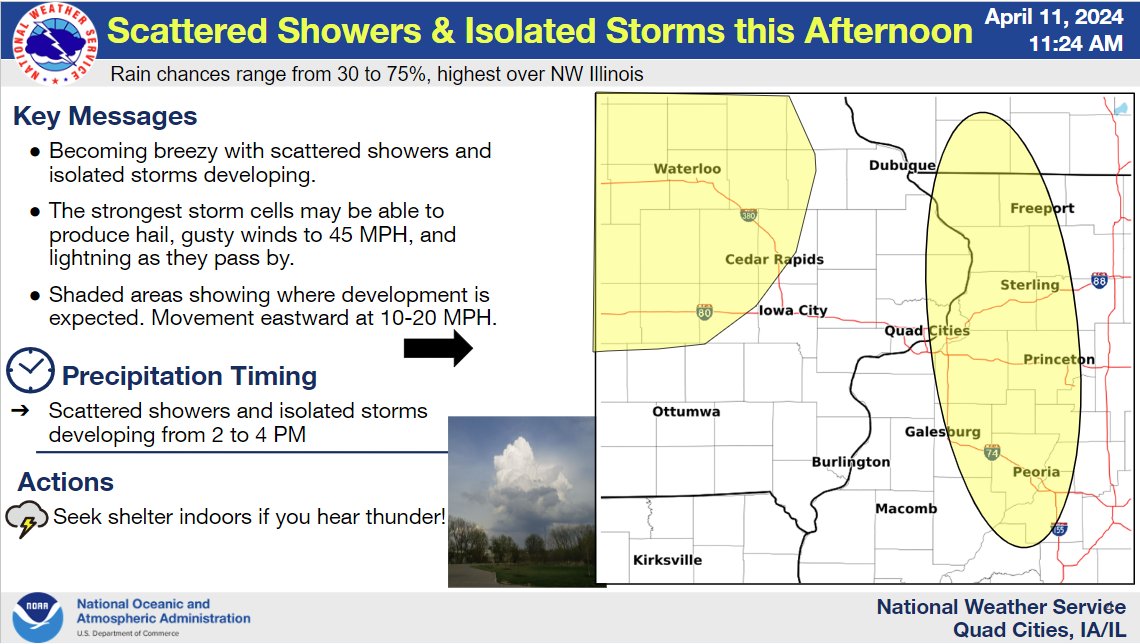 Scattered showers & T-storms developing this afternoon & evening. The stronger storms may be able to produce hail, lightning & gusty winds to 45 MPH. The highest coverage is expected across northwest IL, but another area of formation may be across northeast into east central IA.