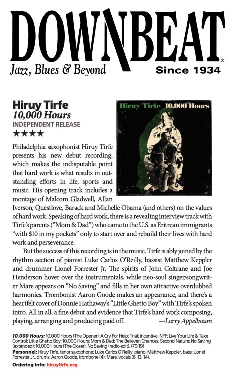 Tweeps. This is the very 1st album I took on as radio promoter and its in DownBeat with a 4 star review!! But when I heard this album, I knew it deserved to be heard by the people! Congratulations @Hiruy_Tirfe26 ! We're getting this record to Jazz radio everywhere!! 👇🏾