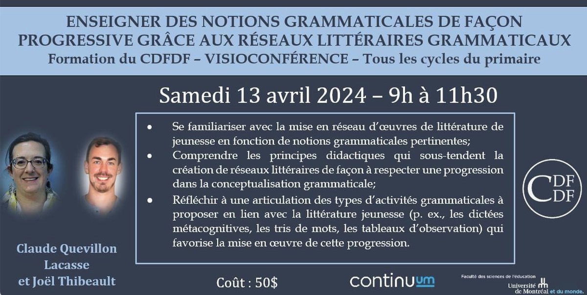 Ce samedi, @ClaudeQL_FLS et moi offrons un atelier en ligne sur l'enseignement de la #grammaire par la littérature jeunesse à @UMontreal. Pour s'inscrire, c'est ici : catalogue.continuum.umontreal.ca/Web/MyCatalog/…