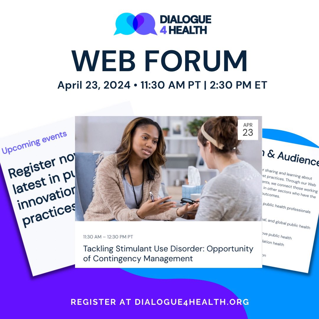 Dialogue4Health's tweet photo. On 4-23-24 learn about the critical role of contingency management in combating stimulant use. Discover its seamless integration w/other Medication-Assisted Treatment strategies &amp; its potential for nationwide implementation. Register at https://t.co/CZTmaqDnRy #AddictionTreatment https://t.co/2jxN1te3oI