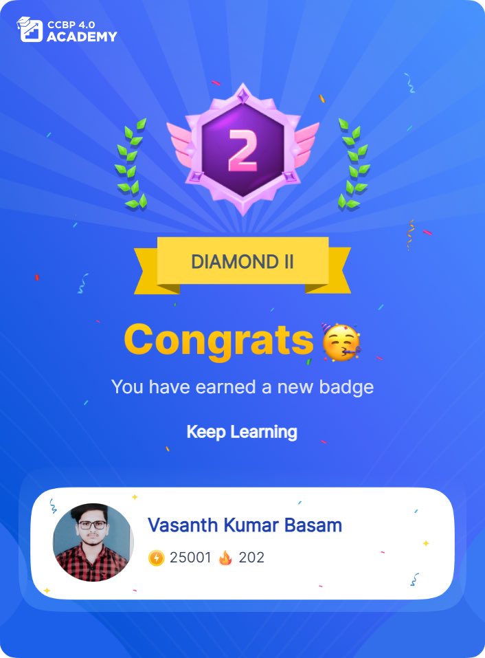 VasanthKumarBa7's tweet photo. Boost your game 🔥!
The 💎 Diamond II 🥈 level has been achieved successfully.
Having reached a new badge is a great honor for me, and I am grateful for Nxtwave's great appreciation.
#badge #consistency 
@nxtwave_tech @rahulattuluri @sashankreddy07 @girishakash13 @avinashdara https://t.co/zpOo0pvFYH
