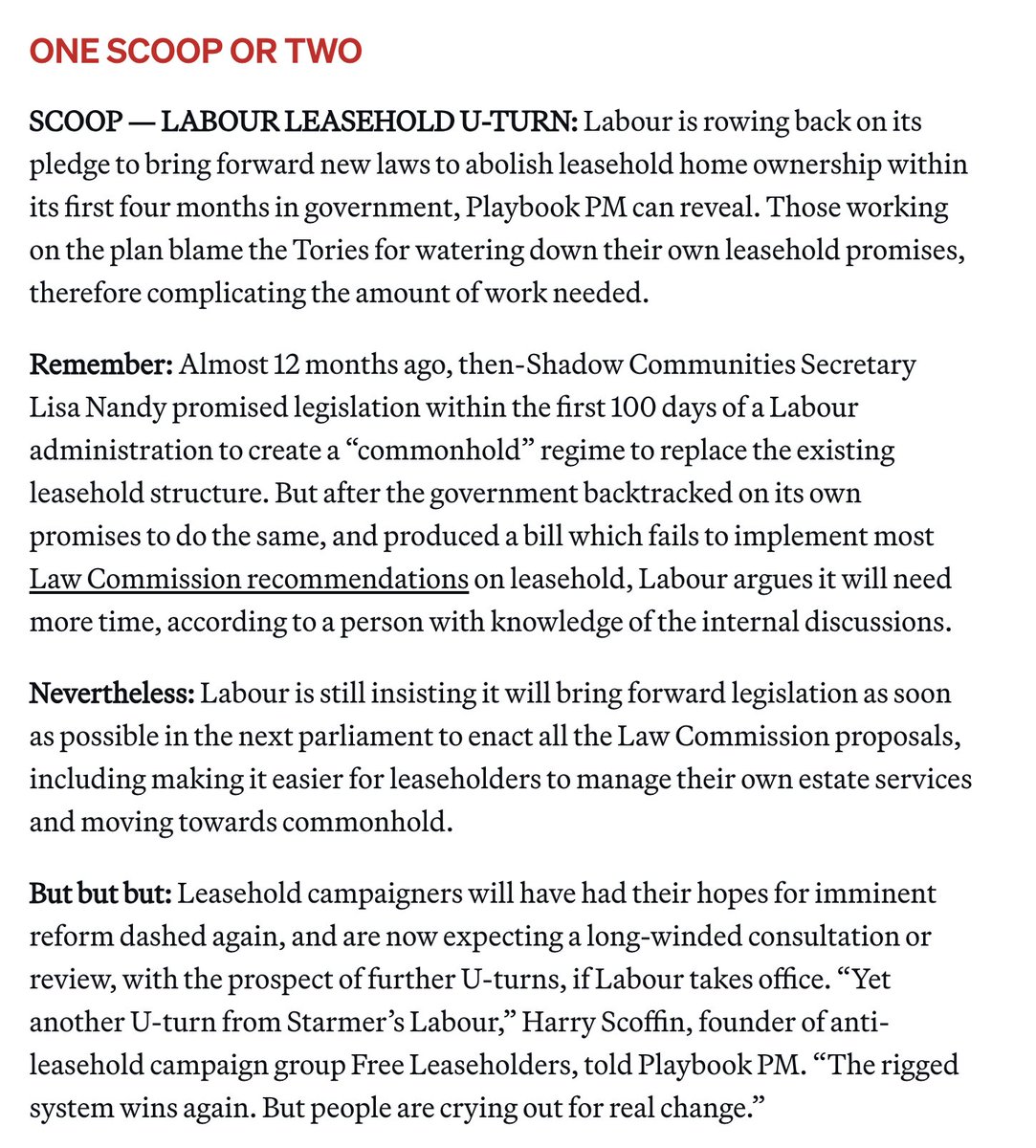 🚨@UKLabour drops @lisanandy pledge for radical leasehold legislation in first 100 days🚨 Shocking news from @e_casalicchio Playbook briefing. No guarantee leasehold and commonhold reform will be in the @UKLabour manifesto either. Where do we go now? politico.eu/newsletter/lon…