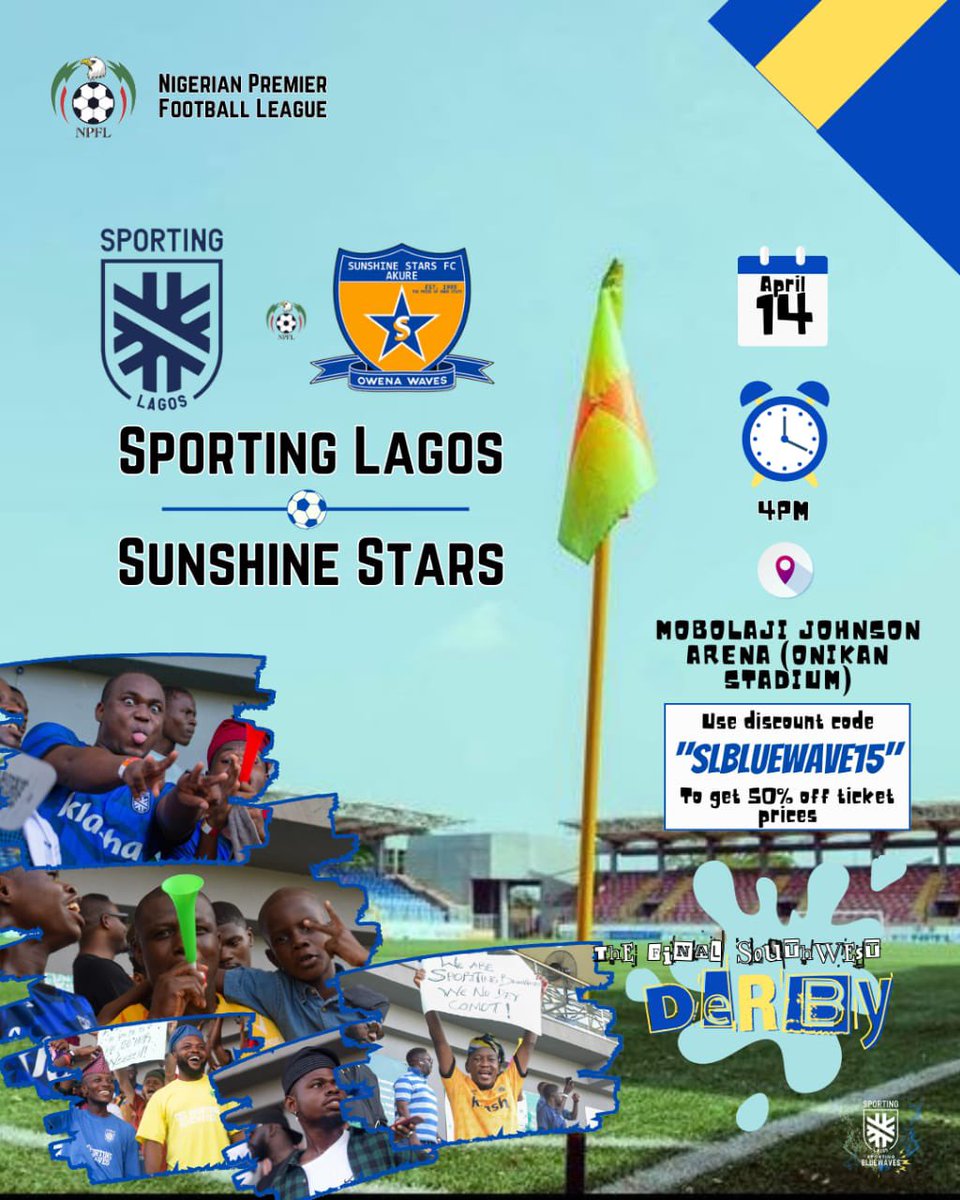 Another South West Derby is upon us on Sunday at the Onikan Stadium, you don’t want to miss the game, it features premium banter and lots of fun. To get front Row tickets use our Promo Code “SLBLUEWAVE15” for 50% off premium ticket Link to ticket: tix.africa/discover/slfc15 💛💙
