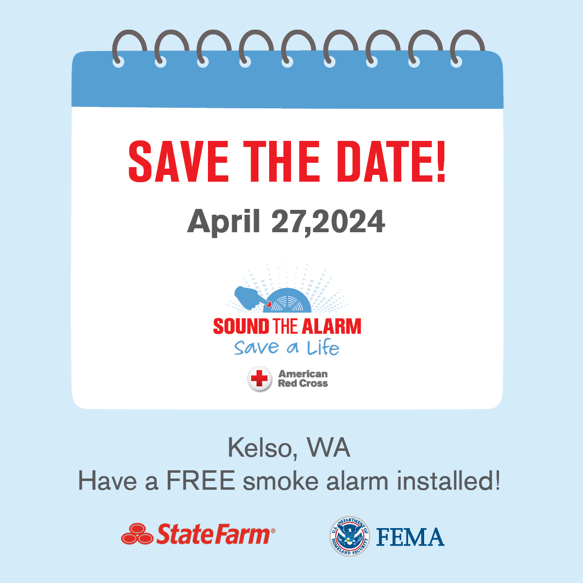 Hey @WaKelso SAVE THE DATE. We will be installing FREE smoke alarms in your neighborhood on April 27th. Working smoke alarms can cut your risk of death by half. Don't miss out! Sign up for an appt now at SoundTheAlarm.org/Cascades . See you then! @Cowlitz2Fire #SmokeAlarms