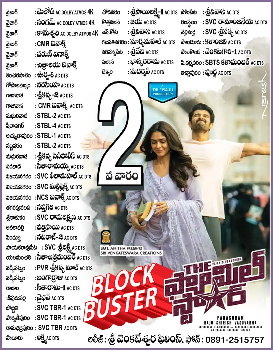 #TheFamilyStar Uttarandhra 2nd Week Theater's List !! Release by Sri Venkateswara Films !! @TheDeverakonda @Mrunal0801 @ParasuramPetla #KUMohanan @GopiSundarOffl @SVC_official @TSeries @tseriessouth