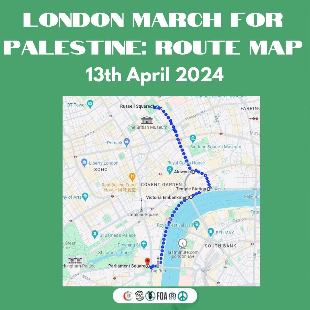 The route for the London march this coming Saturday has been announced starting from Russel Square at 12:00 and heading to Parliament Square, please see the details below. #FreePalestine #CeasefireNOW