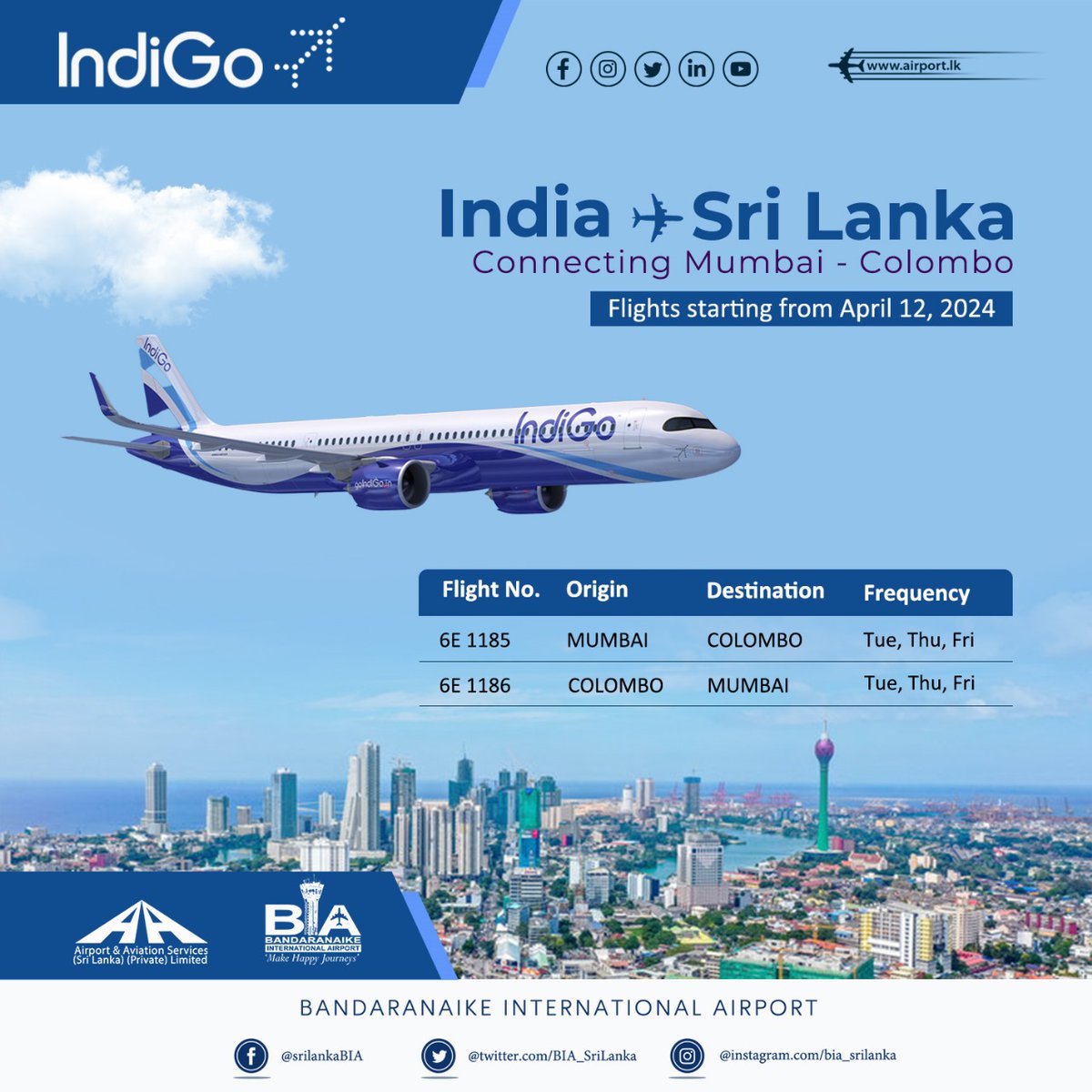 We are excited to announce that @IndiGo6E has expanded its connectivity to Sri Lanka adding Mumbai 🇮🇳 - Colombo 🇱🇰 direct flights from April 12, 2024. Indigo will operate flights three times a week on Tuesday, Thursday, and Friday.