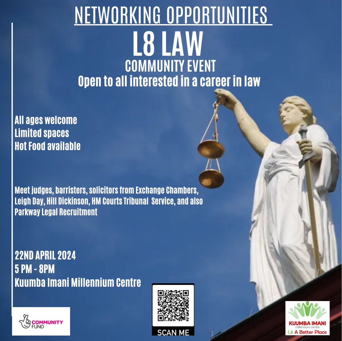 L8 Law community event 📣 Kuumba's team are holding an evening of learning & networking for people of all ages! Gain insights from judges, barristers & solicitors etc, whether you're studying law or just want to find out more. There'll be food too, with halal & vegan options.