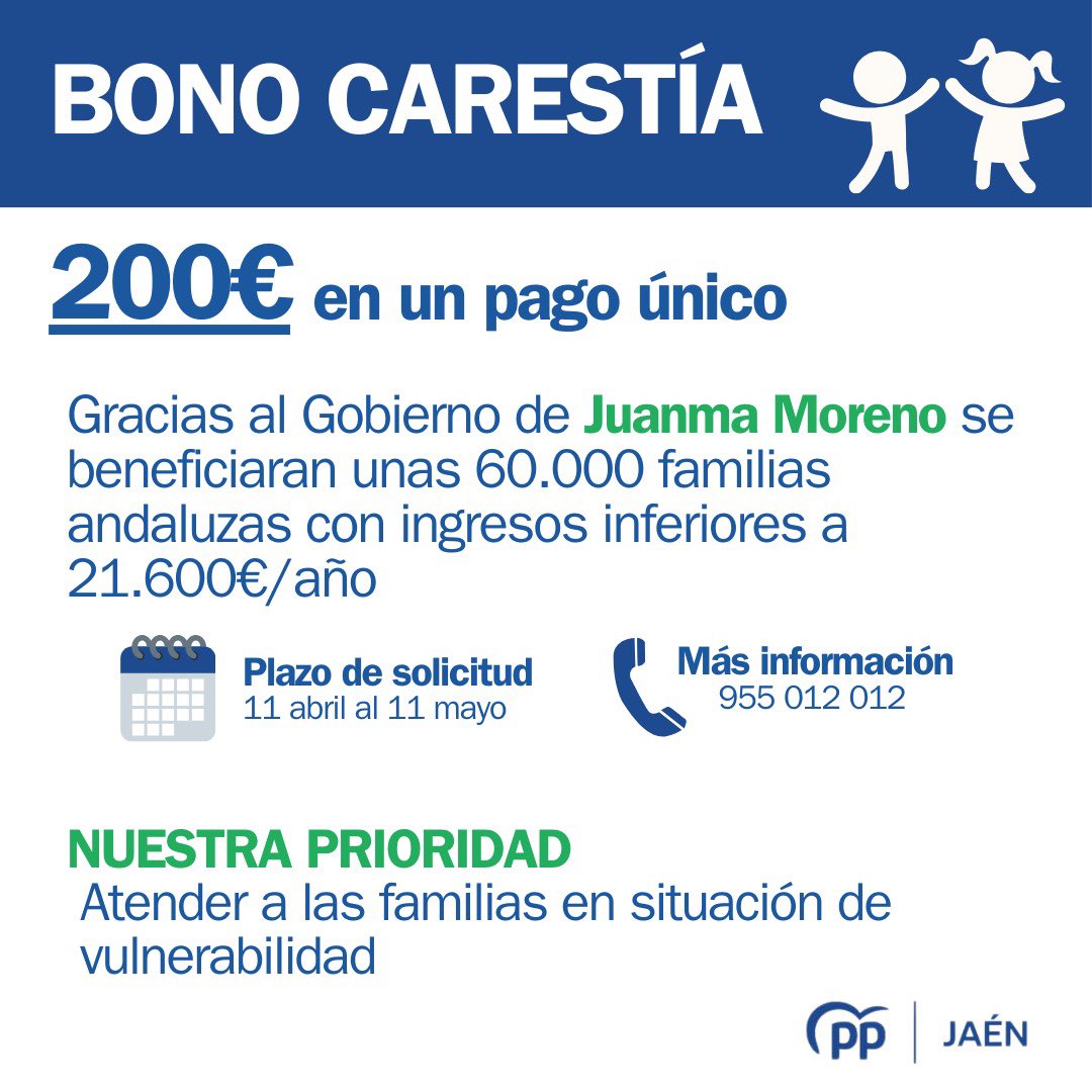 #BonoCarestía👇🏼

🗓️ Tienes hasta el 11 de mayo para solicitarla.

✅ Nuestra prioridad: Atender a las familias en situación de vulnerabilidad.