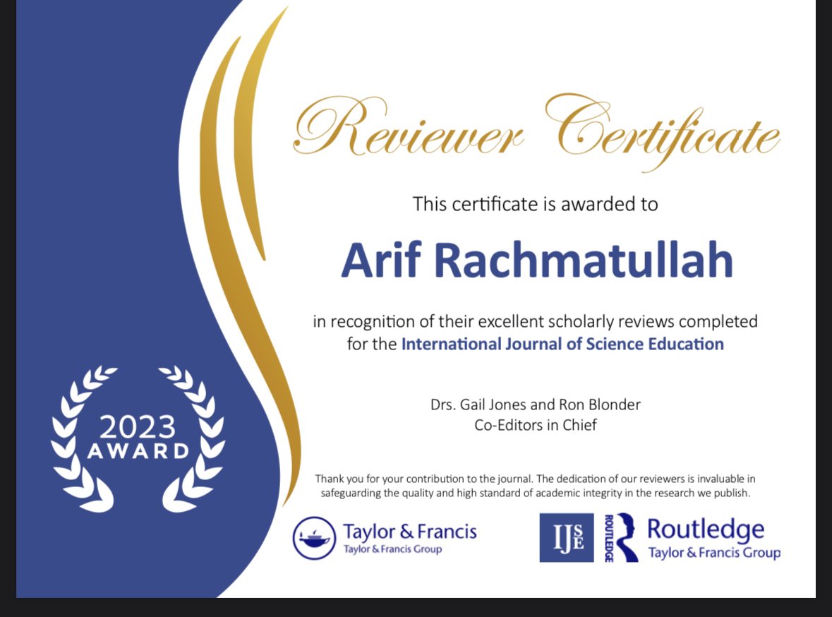 Thrilled and humbled to receive this Award of Reviewer Excellence from one of my fav journals IJSE! Grateful for the opportunity to contribute to the field #scienceEd #peerreview
