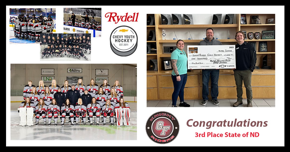 So very Proud of these young Ladies and Thank you for taking us along on the ride! Grand Forks @KnightRiderHcky finished with an outstanding 3rd place finish in the State of ND for Girls High School Hockey! Rydell Cars, Chevrolet Youth Sports Program! #Rydell1Team