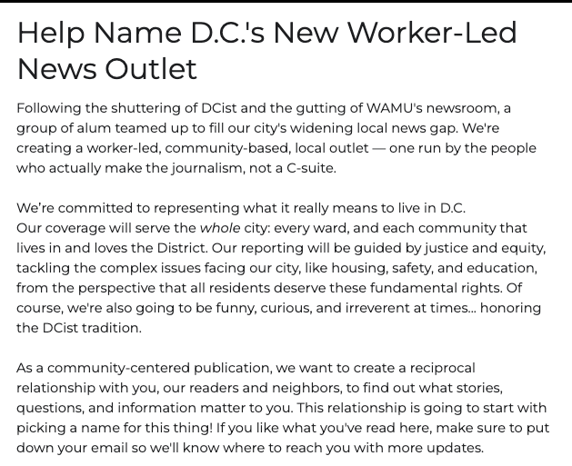 well....it was not an april fools...it's happening ‼️ we're asking YOU to vote on a name for D.C.'s new worker-led news outlet ‼️ there's an option to leave open-ended feedback as well; we're all ears! forms.gle/3HKxFPFv67CYZp…