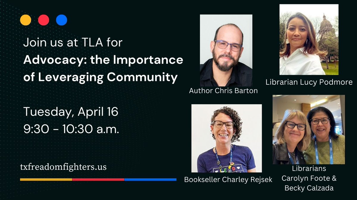 We are stoked for our panel at @TXLA on Tuesday morning! @bookpeople @LuPodmore & author Chris Barton! Hear insights on how advocating together builds strength! See you Tuesday 9:30 - 10:30 a.m.! #txla