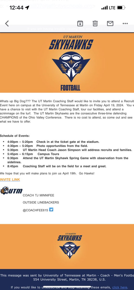 Thank you UT Martin Football for the invite ⁦@CoachFee615⁩ ⁦@CoachAClifton⁩ ⁦@JHS_Prospects⁩