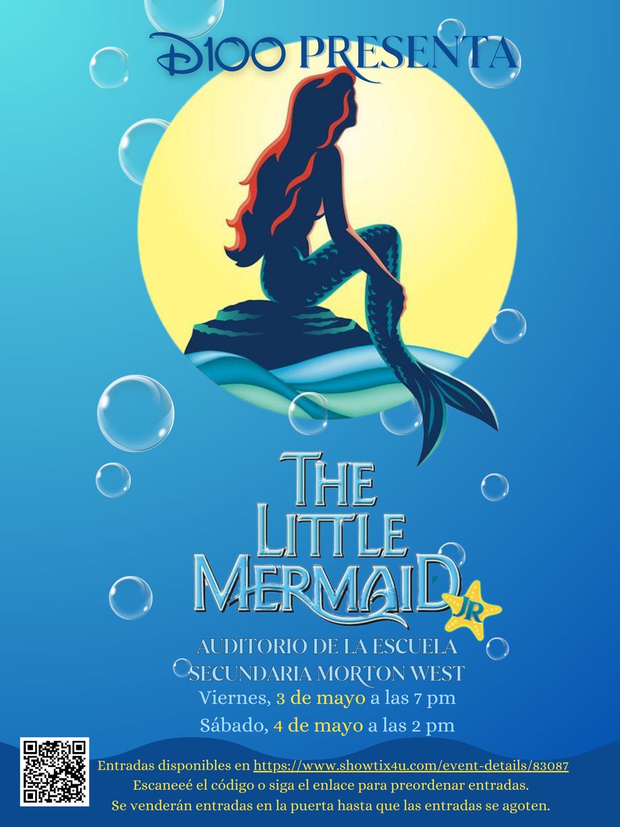 D100 Presents 🧜🏻‍♀️The Little Mermaid Jr 🧜🏾‍♀️ 📍 Morton West High School Auditorium 📅 Friday, May 3rd ⏰ 7 pm 📅 Saturday, May 4th ⏰ 2 pm 📜See flyer for more information Tickets/Entradas showtix4u.com/event-details/…