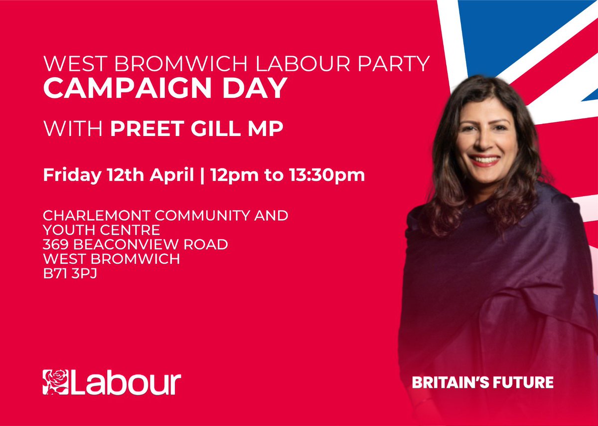 Join me and @WestBromLabour campaigning for Labour's candidates @SarahCoombesWB and Dalel Singh Bhamra in West Bromwich this Friday! 🌹 Meeting place: Charlemont Community and Youth Centre, 369 Beaconview Road, 12pm.