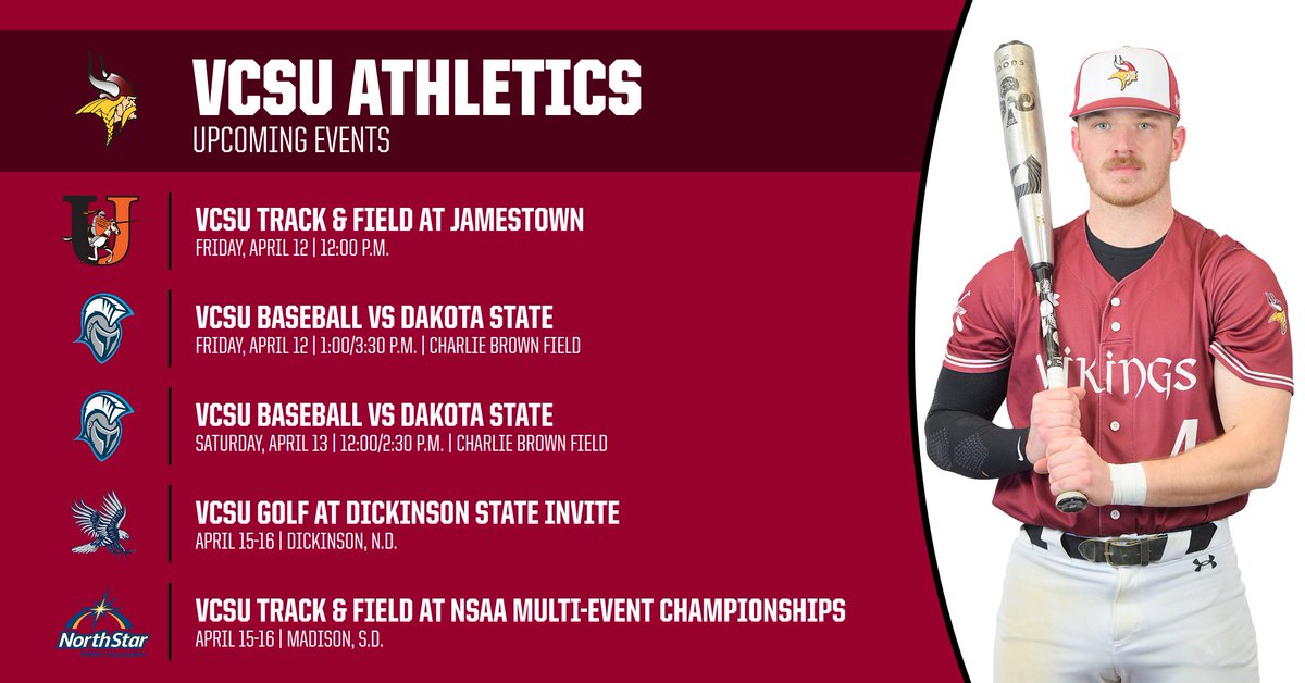 VCSUVikings's tweet image. Join us for the @VCSUBaseball home openers this weekend at Charlie Brown Field!

Doubleheaders against Dakota State on Friday &amp;amp; Saturday. 
Friday ➡️ 1:00 pm
Saturday ➡️ 12:00 pm

Free admission for all 4 games!
Beautiful weather forecast &amp;amp; concessions will be open 🌭 ☀️
