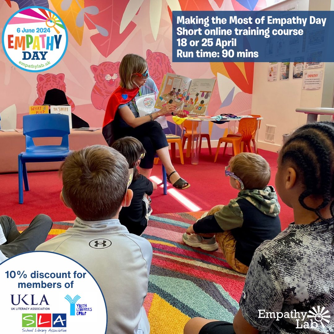 Want to know the very best ways you can create a powerful #EmpathyDay on 6 June?

Sign up for our short training course for exclusive   resources and tips! 📝✨

🗓️18 or 25 April, 4-5.30pm

🌟10% off for @uksla, @youthlibraries & @The_UKLA members🌟

➡️empathylab.uk/our-foundation…