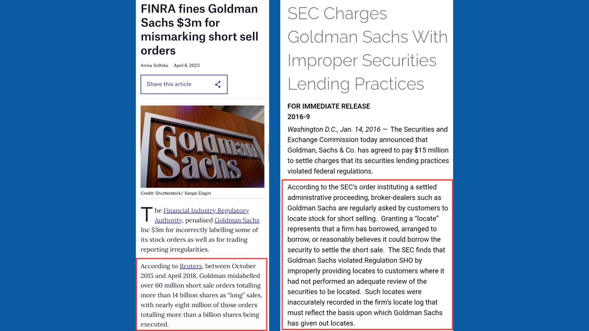 The idea that naked shorting (counterfeiting) in the Stock Market doesn't take place because there's rules against it is preposterous! @GoldmanSachs is the Clearing Broker for GTS Securities, are they also their Prime Broker? Are you familiar with their fine history? The fact…