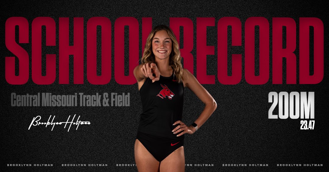 UCMTF's tweet photo. Your UCM sprint queen has done it again 👑 @brooklynnholtman set two new schools records in the 100m and 200m this past weekend.  Brooklynn’s 200m time of 23.47sec is the 5th best time in the NCAA Div II this outdoor season and her 100m time of 11.69sec ranks her 19th🤘🏼🔴⚫️ https://t.co/MZuZI8Y0e2