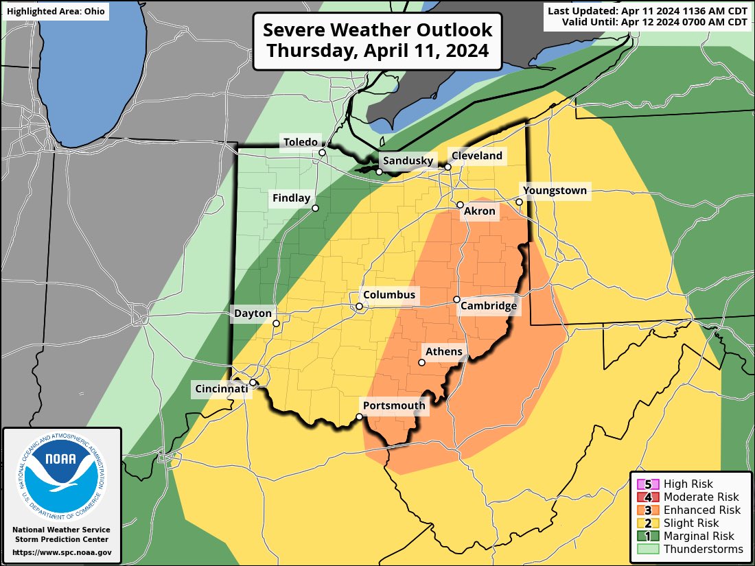 An ENHANCED risk of severe weather remains across eastern Ohio today. The main risks are damaging winds & tornadoes. #OHwx