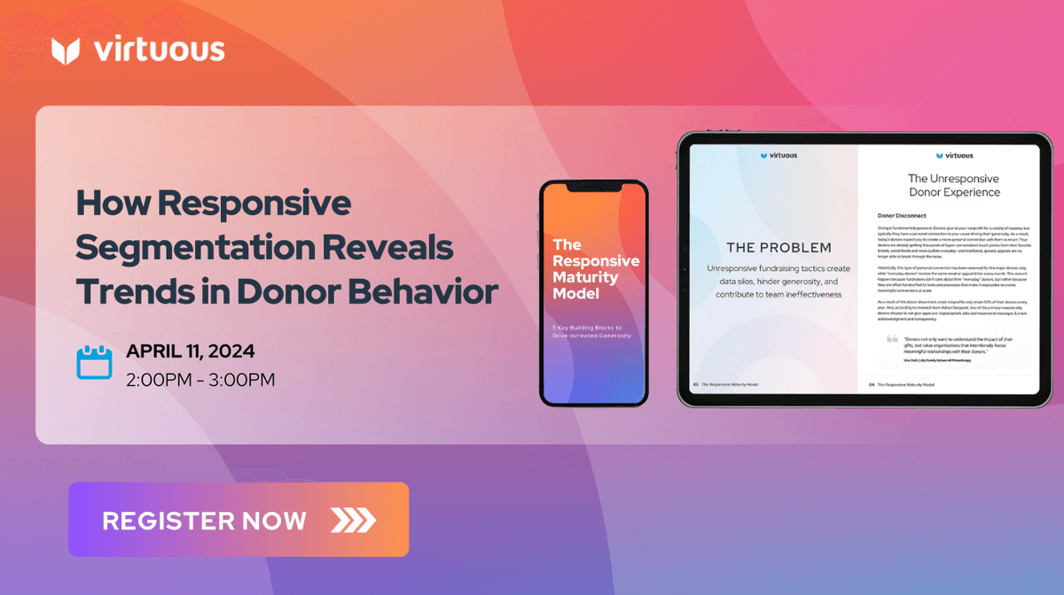 Let's elevate your donor engagement together in our webinar on using responsive segmentation at 2:00 PM ET today. #DonorEngagement vrtuo.us/3TjF4Wz