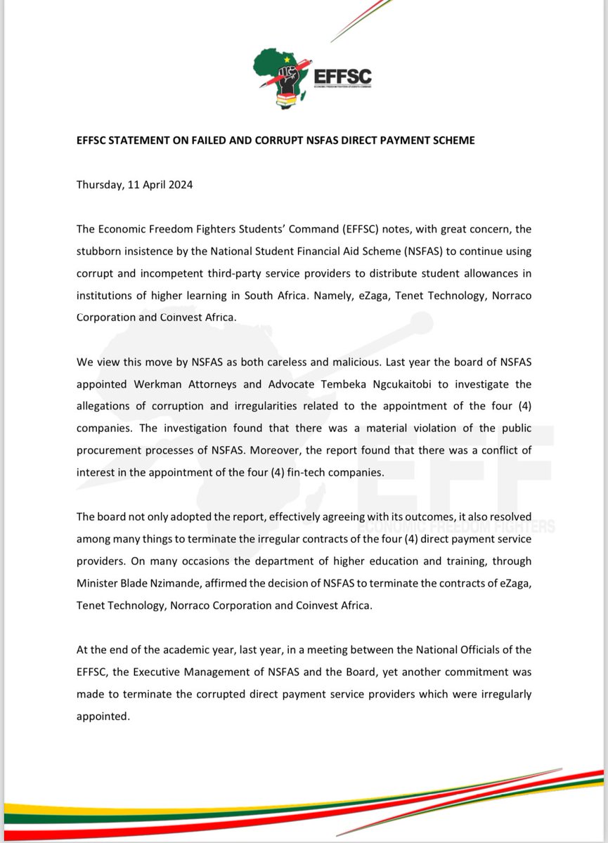 EFFYouthCommand's tweet photo. ♦️EFFSC STATEMENT ON FAILED AND CORRUPT NSFAS DIRECT PAYMENT SCHEME♦️

We must all unite against the theft and overtly visible destruction of the higher education sector by a corrupt few who have decided to choose their pockets at the expense of the future of South Africa.

Bofa di tekkie mfundi, ikhona into ezayo!

#eZagaMustFall 
#TenetTechnologyMustFall
#NorracoCorporationMustFall
#CoinvestAfricaMustFall