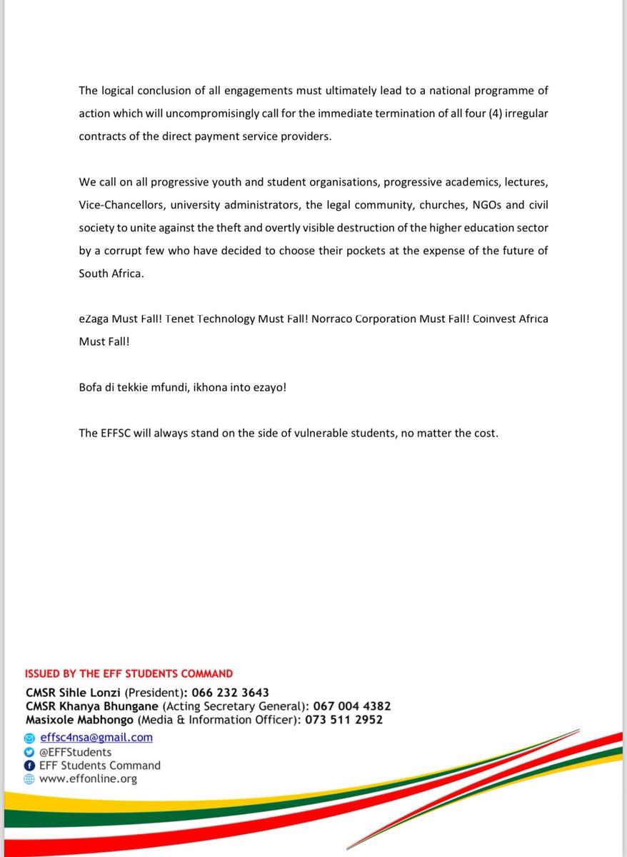 ♦️EFFSC STATEMENT ON FAILED AND CORRUPT NSFAS DIRECT PAYMENT SCHEME♦️ We must all unite against the theft and overtly visible destruction of the higher education sector by a corrupt few who have decided to choose their pockets at the expense of the future of South Africa. Bofa…
