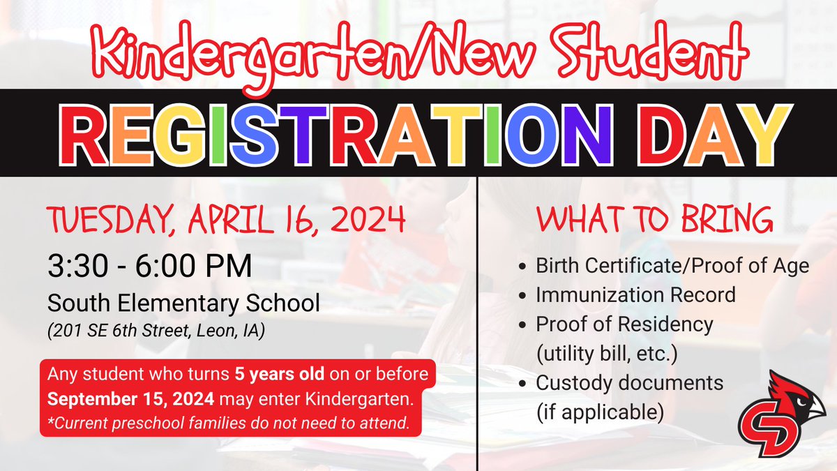 REMINDER: Kindergarten/New Student Registration Day at South Elementary! 🎉🍎 Families with new Kindergarten or elementary students for 2024-25 are invited on April 16, 3:30-6pm. (Preschool families need not attend.) Please bring your child for readiness testing! #TheRedWay