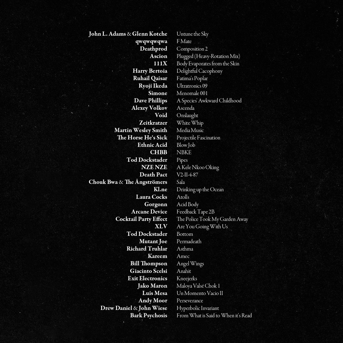 Sounds from <a href="/Deathprod/">the ghost of DEATHPROD past</a> <a href="/Harry_Bertoia/">The Harry Bertoia Foundation</a> <a href="/QaisarRuhail/">Ruhail Qaisar</a> <a href="/JFK_AX/">Anthony Di Franco</a> <a href="/gorgonn/">Gorgonn</a> @CPEffectmusic <a href="/themutantjoe/">MUTANT JOE</a> @prof_lofi <a href="/JKBroadrick/">Justin K Broadrick</a> <a href="/jako_maron/">jako maron</a> <a href="/DDDrewDaniel/">DREW DANIEL</a>
 
Released by <a href="/CantaloupeNY/">cantaloupe music</a> <a href="/Grid_Records/">Grid Records</a> @DanseNoire @FlagDayRec <a href="/KimCosmik/">KimCosmik</a> <a href="/imprec/">Important Records</a> <a href="/NervousHorizon/">Nervous Horizon</a> <a href="/the_tapeworm/">The Tapeworm</a> @fransdewaard...